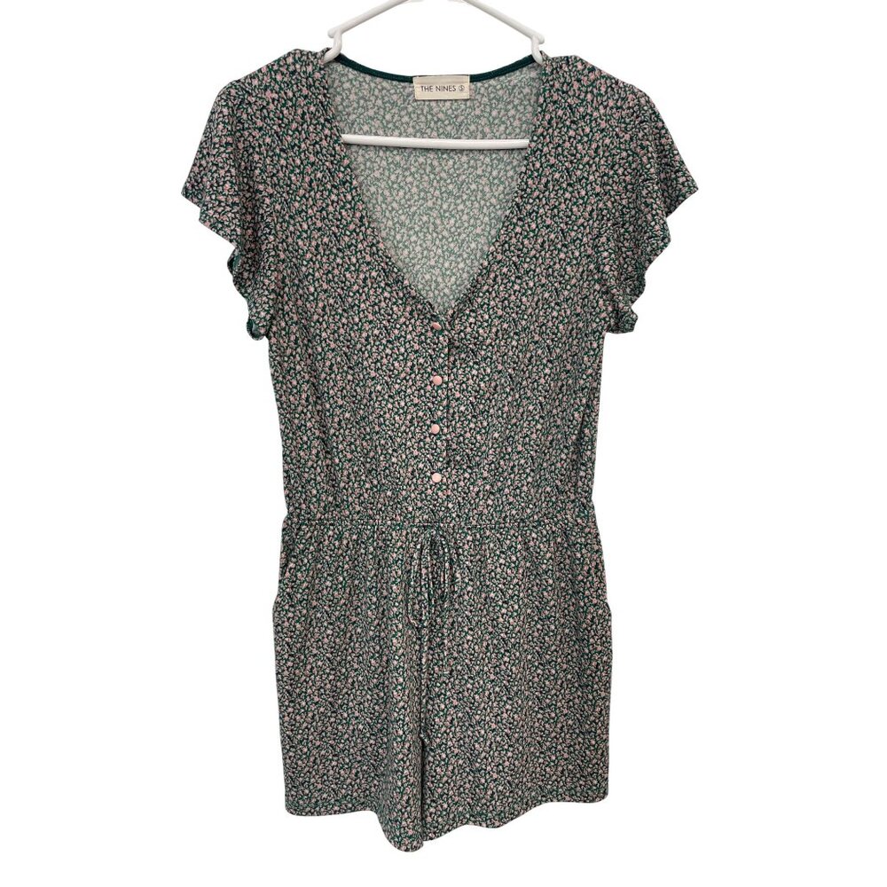 The Nines Romper Size Small Floral V Neck Flutter Sleeve Green Pink Spring Boho